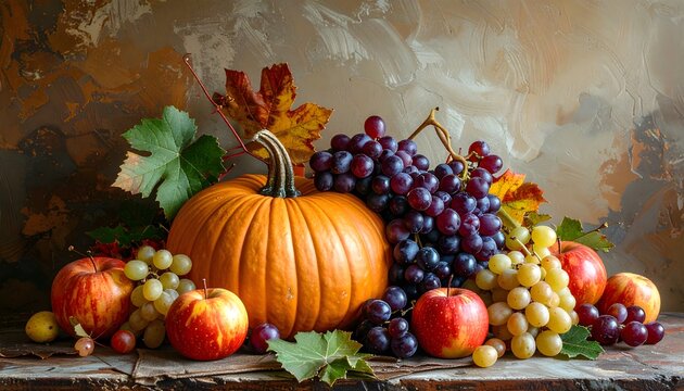 Bodeg&oacute;n oto&ntilde;al con calabaza, uvas, manzanas y frutas de temporada sobre fondo pict&oacute;rico