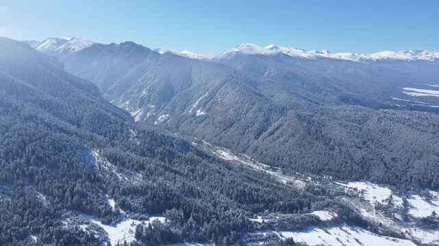 Aerial winter view of Rila Mountain near Beli Iskar village, Sofia Region, Bulgaria