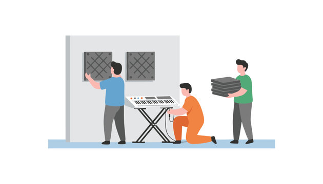 Sound engineers installing soundproofing foam panels on a recording studio wall near a keyboard workstation to improve the acoustic environment.