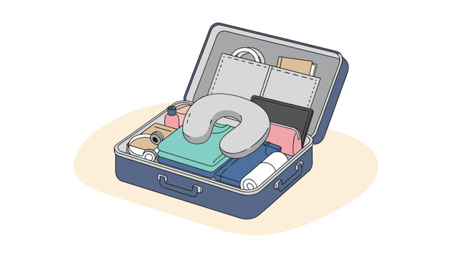 Open blue suitcase packed for travel with a neck pillow, clothing, accessories, and travel toiletries neatly arranged for an upcoming trip.