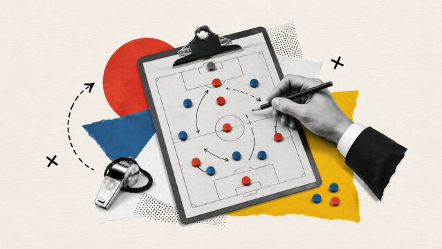 Abstract soccer tactic clipboard collage showing a manager hand sketching a football field strategy layout