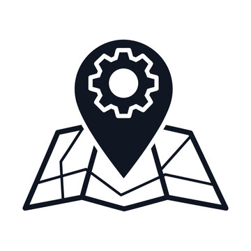Minimalist map location pin with gear icon, industrial navigation vector, technical service point on paper map graphic