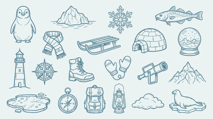 Collection of winter and arctic themed icons and illustrations, including animals, objects, and landscapes. © KN collection