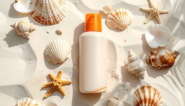 Envase de protector solar entre conchas y estrellas de mar sobre arena clara en composici&oacute;n veraniega