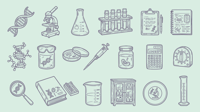 Collection of scientific research and laboratory equipment icons in a hand-drawn doodle style.