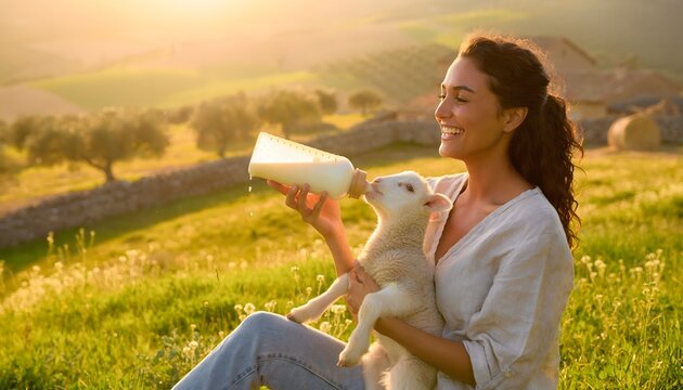 Mujer sentada en un prado al atardecer con meg&aacute;fono y perro peque&ntilde;o en un paisaje rural luminoso