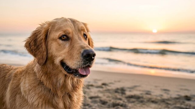 golden retriever close up at san diego california beach morning light video