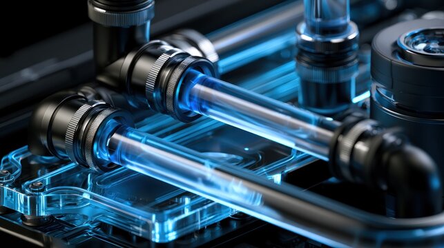 Close up of blue glowing liquid cooling system tubes