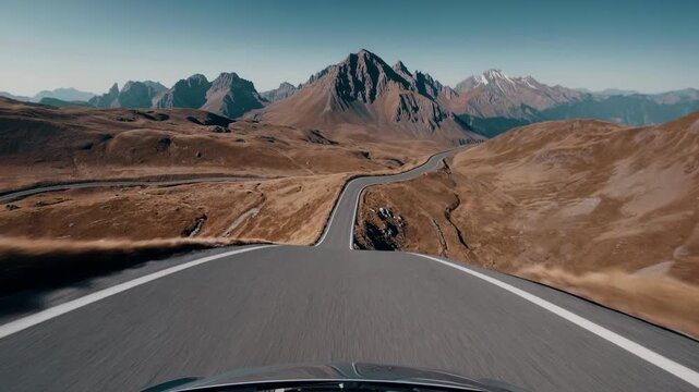 Scenic mountain road winding through rugged terrain with clear blue skies and distant peaks visible, showcasing the beauty of nature in a picturesque landscape