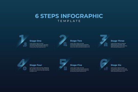 6 Steps Infographic Design Template with light effects and numbers in Dark Background