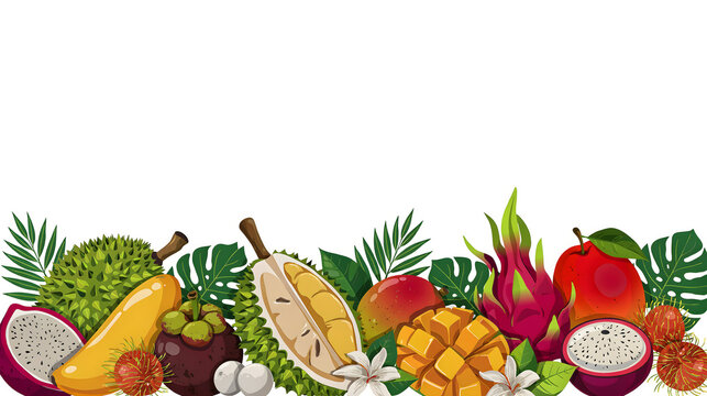 A vibrant collection of tropical fruits and foliage arranged in a decorative border illustration.