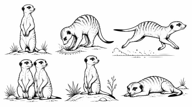 Meerkat set in various poses, hand-drawn black and white illustration