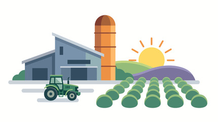 Farm building stands in a rural field under a bright sun as a green tractor works the fertile land. © labubu