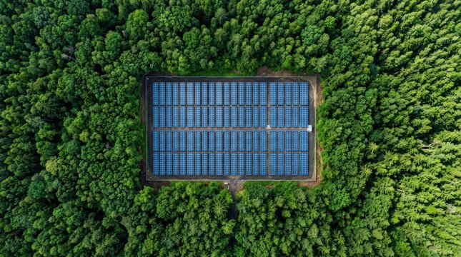Aerial view of a large solar panel farm installation located in the middle of a dense green forest on a sunny day