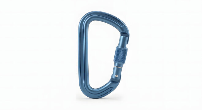 Blue locking carabiner clip isolated on white background.Metallic blue climbing carabiner hook with locking gate.