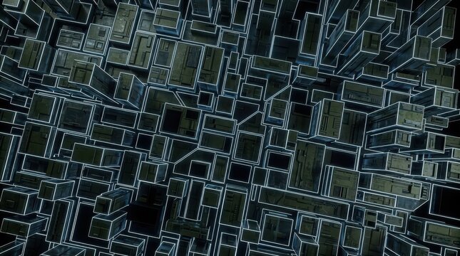 Abstract background with 3d dark grey cubes and white outlines forming a geometric pattern of city buildings in perspective