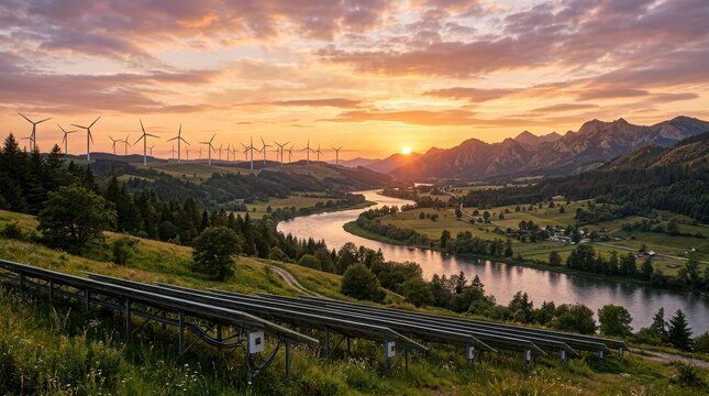 Wind turbines on a green hill with a river and train tracks at sunset with a beautiful orange sky and peaceful nature scenery