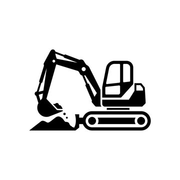 A minimalist black and white vector illustration of a hydraulic excavator digging with clean bold lines and solid black fill on a construction site