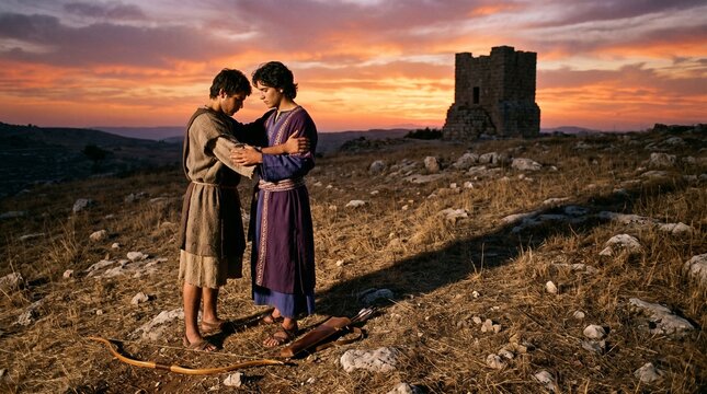 David and Jonathan stand holding hands in deep sorrow next to a bow and arrows on a rocky hill at sunset, depicting the Old Testament biblical scene of David and Jonathan parting.