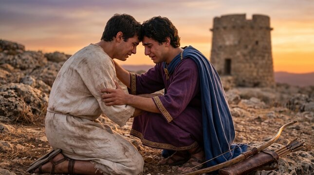 David and Jonathan weep and embrace next to a bow and arrows with an ancient stone tower in the background, depicting the Old Testament biblical scene of their parting.