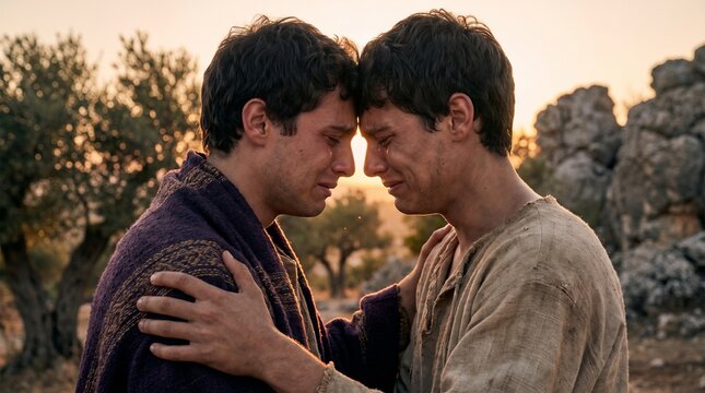 David and Jonathan weep together with foreheads pressed in deep grief against a warm sunset, depicting the Old Testament biblical scene of David and Jonathan parting.