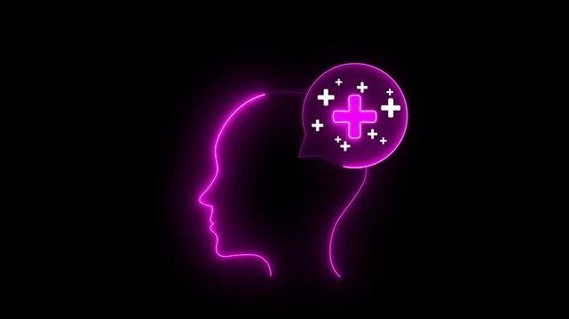 Plus sign inside head icon for positive thinking and medical such as self-care, optimist, be loved, healthy lifestyle, happiness, positive mindset or healthcare insurance symbol concept. 4k animation