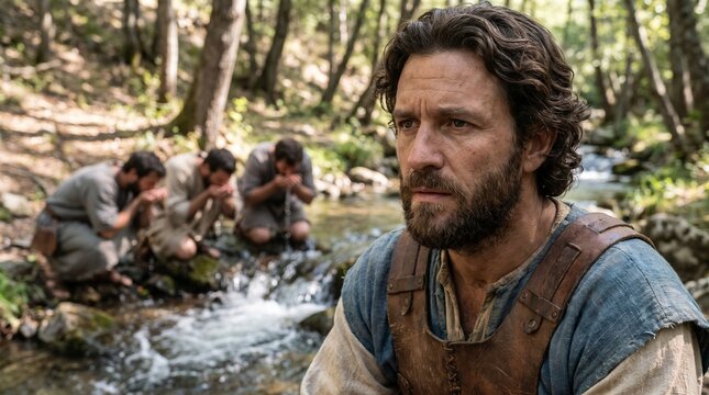 Gideon stands watch as his soldiers crouch to drink water from a rocky forest stream, representing the Old Testament biblical scene of Gideon choosing his army.