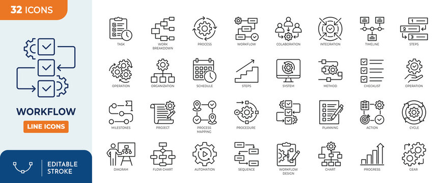Workflow line editable icon set. Containing Workflow, process, progress, management, diagram, flowchart and more. Editable stroke. Vector illustration