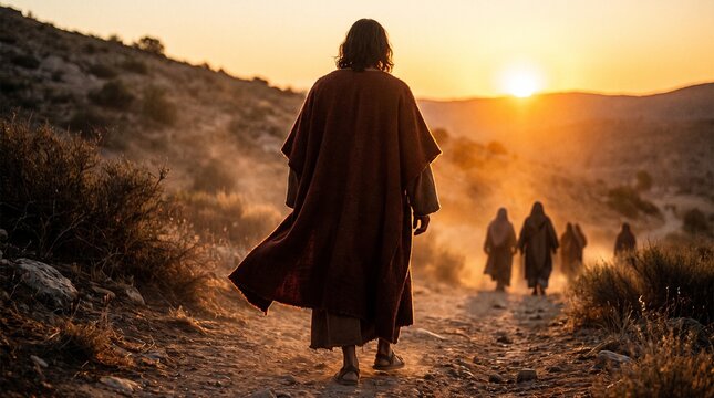 Jesus Christ walks along a dusty dirt road toward his disciples during a golden sunset, depicting a New Testament biblical scene of their journey in Galilee.