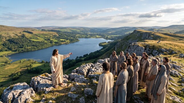 Jesus Christ stands on a green grassy cliff preaching to his disciples beside a scenic blue lake, depicting a New Testament biblical scene.