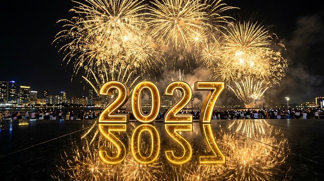 Spectacular happy new year 2027 fireworks display over city skyline celebration festivities