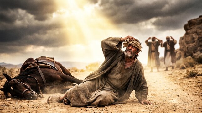 Saul of Tarsus sits blinded on a dusty road next to his fallen horse under dramatic sunbeams as companions watch in shock, depicting the biblical scene of Saul's conversion.