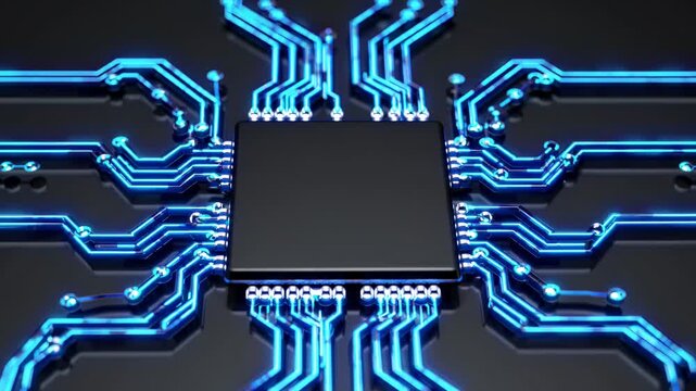 Close-up view of a black microchip surrounded by glowing blue circuit board traces, showcasing intricate electronic connections and technology in a modern digital environment