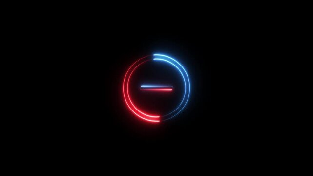 Neon glowing minus sign loading animation, red and blue circular progress indicator symbol