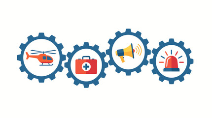 Gears connect industrial icons representing a rescue helicopter, medical kit, megaphone, and emergency siren in a technical schematic. © labubu