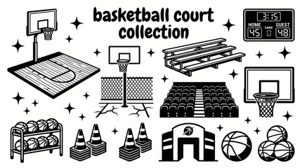 indoor and outdoor basketball courts featuring hardwood floors street courts hoops scoreboards bleachers training facilities and professional sporting venues arranged vector © Ethan