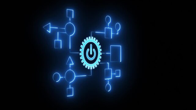 Business process and workflow automation with flowchart. Business and technology concept. Businessman push on power button to shows arranging processing management on virtual screen.