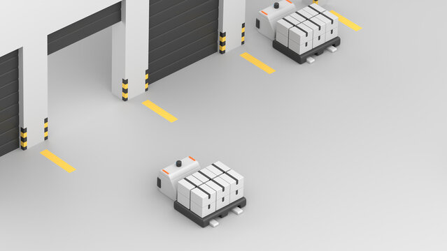 Autonomous pallet jacks with boxes delivering them into the warehouse gates, 3d render
