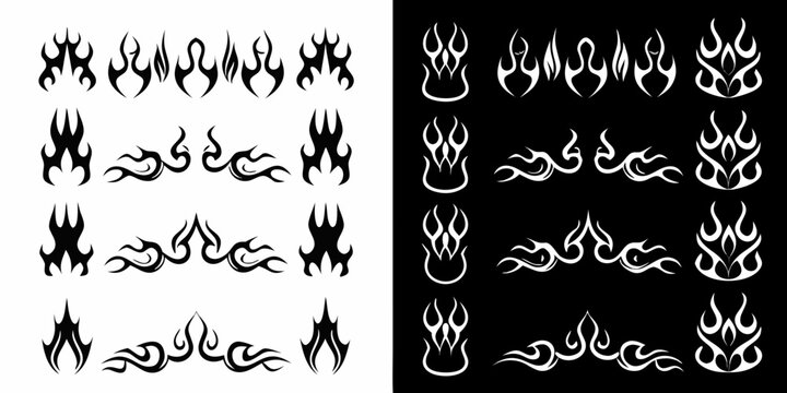 Flame designs black and white vector illustration set
