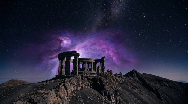 Creative Ancient ruins, mystical purple galaxy, starry night sky, landscape photography 2k