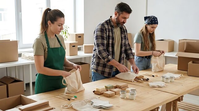 People packing small items into fabric bags on a wooden table