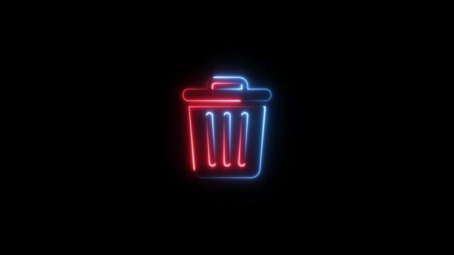 Neon trash can animation, glowing blue and red recycle bin symbol for digital interface