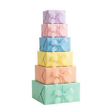 A stack of six pastelcolored gift boxes wrapped in matching ribbons, isolated on transparent background