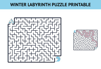 Winter labyrinth puzzle printable, arctic square maze with iceberg corner and wave borders in cool blue monochrome vector style, challenging polar pathfinding puzzle with solution © Nata