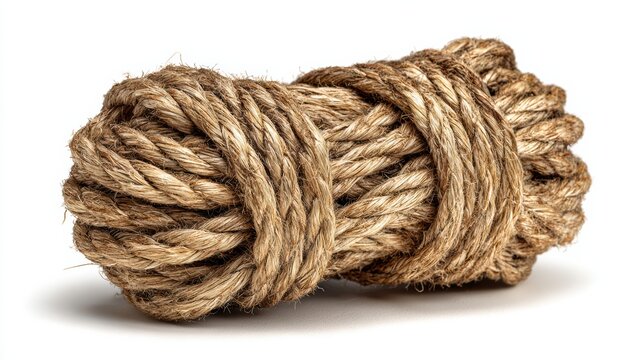 rolled rope coil isolated on white background, detailed natural fiber rope texture, hyper realistic studio photography,