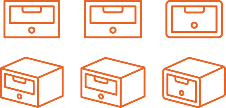 Office drawer line icon vector set showing orange file storage boxes and cabinet organizers from flat and isometric perspectives.