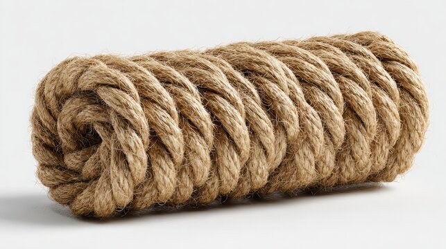 rolled rope coil isolated on white background, detailed natural fiber rope texture, hyper realistic studio photography,