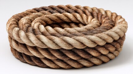 Obraz premium thick twisted rope rolled into circular coil isolated on white background, ultra detailed texture, studio photography