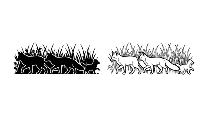 Fox Family Silhouette: A striking silhouette of a fox family, featuring a mother and her kits, walking through tall grass, presented in both black and white. © Takiya