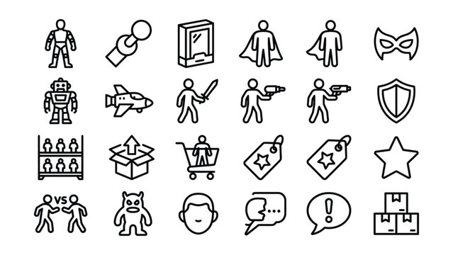 Black line icons of robots, superheroes, and ecommerce elements